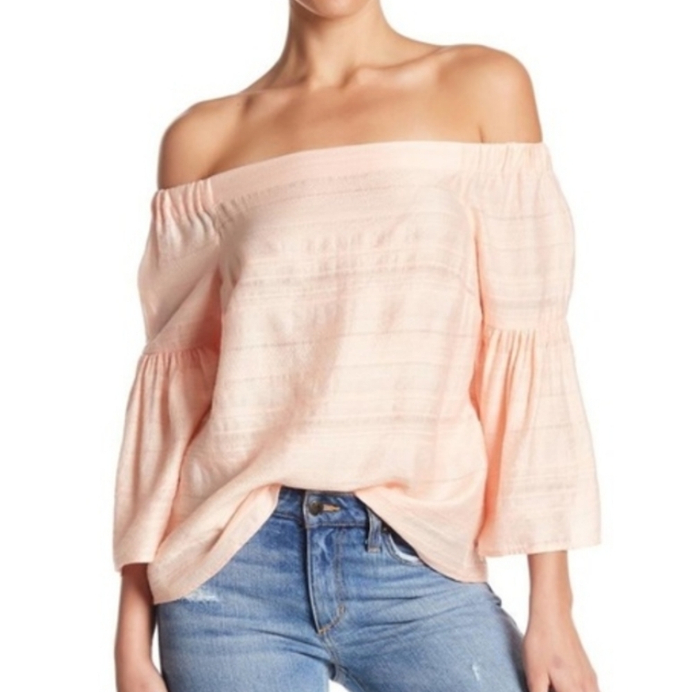 NWT 1.STATE Blush Pink Off the Shoulder Top Boho Embroidered XS Bell Sleeve